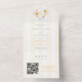Invitación Todo En Uno Crest Monograma con Lazo de Raya Amarilla para Bod