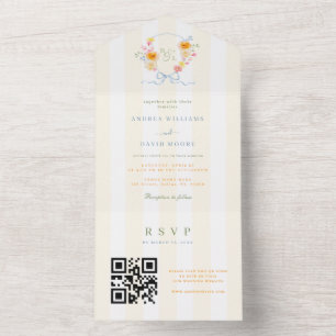 Invitación Todo En Uno Crest Monograma con Lazo de Raya Amarilla para Bod