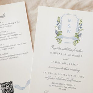 Invitación Todo en Uno Cresta Regencia Acuarela Boda QR