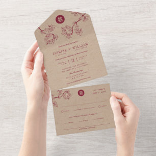 Invitación Todo En Uno Crimson Peach/Plum Blossoms Kraft Chinese Wedding