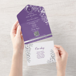 Invitación Todo En Uno Cronología de fotos de boda románticas moradas