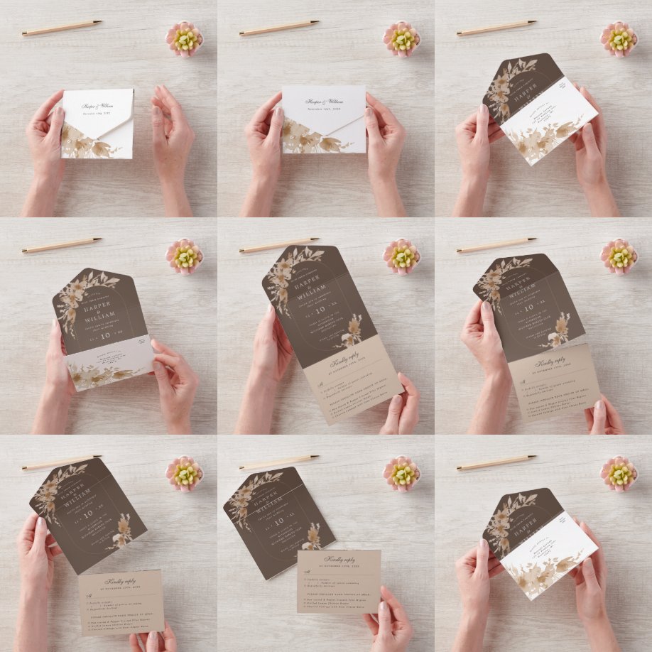 Invitación Todo En Uno Cuadrado de flores de durazno de color agua tripli