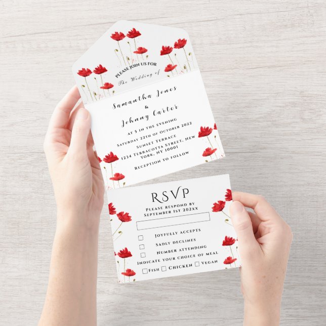 Invitación Todo En Uno Cuadros rojos Guión de agua Boda elegante (desgarro)