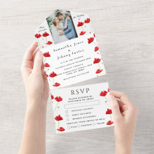 Invitación Todo En Uno Cuadros rojos Guión de agua Boda elegante