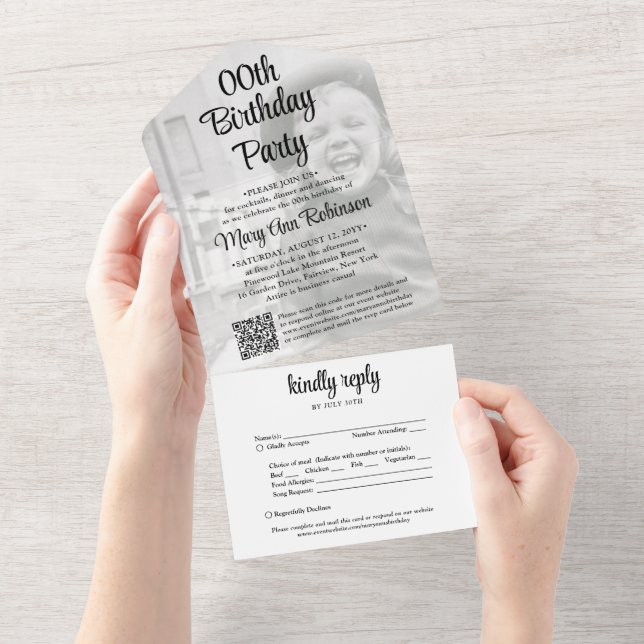 Invitación Todo En Uno CUALQUIER PAPEL DE Cumpleaños Código QR RSVP y Sup (desgarro)