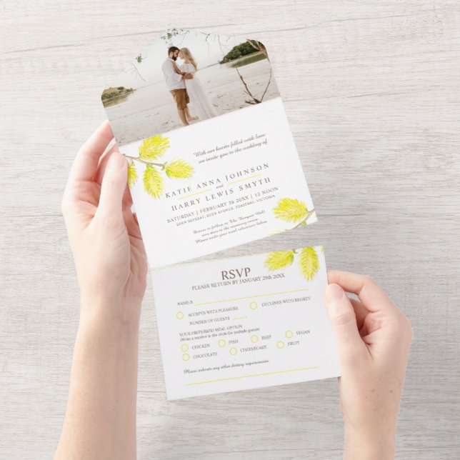 Invitación Todo En Uno Cubierta acuática de sauce amarillo boda y foto (desgarro)