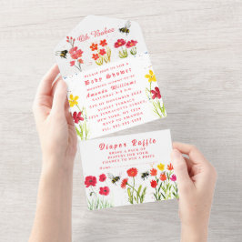 Invitación Todo En Uno Cubo Bumble Bee Floral Watercolor Baby Shower