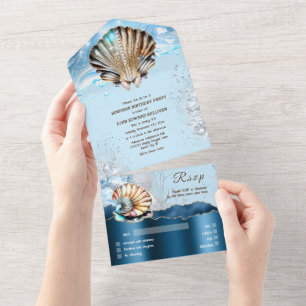 Invitación Todo En Uno Cuello de almeja dorado azul olas oceánicas purpur
