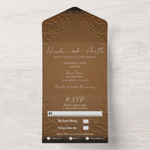 Invitación Todo En Uno Cuero Café Rústico Cosido Foto Boda