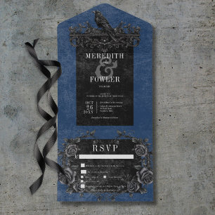 Invitación Todo En Uno Cuervo Negro Gótico & Cena Azul de Rosas Negras