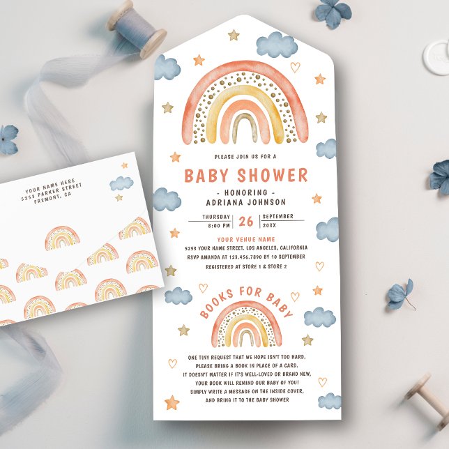 Invitación Todo En Uno Cuidada acuarela Boho Rainbow Baby Shower (Subido por el creador)