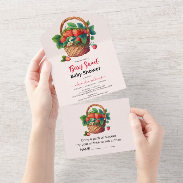 Invitación Todo En Uno Cuidada acuarela fresa ducha bebé (desgarro)