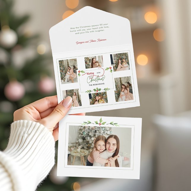 Invitación Todo En Uno Cuidada acuarela Holly Merry Christmas Multi Photo (Subido por el creador)