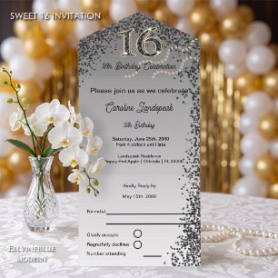 Invitación Todo En Uno Cumpleaños 16 dulce con caligrafía de brillo negro
