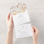 Invitación Todo En Uno Cumpleaños 21 Fiesta Calabaza Hojas de Otoño<br><div class="desc">Ahorra dinero con estilo con esta invitación de cumpleaños todo en uno sin sacrificar estilo. Puedes saltarte el sobre y la tarjeta de respuesta. Esta invitación de cumpleaños de otoño presenta 3 calabazas blancas rodeadas de hojas de otoño, bayas y flores silvestres. El diseño elegante de acuarela se complementa con...</div>