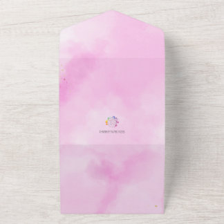 Invitación Todo En Uno Cumpleaños con borde dorado y acuarela rosa