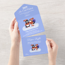 Invitación Todo En Uno Cumpleaños de bebé en invierno con pingüino y niev