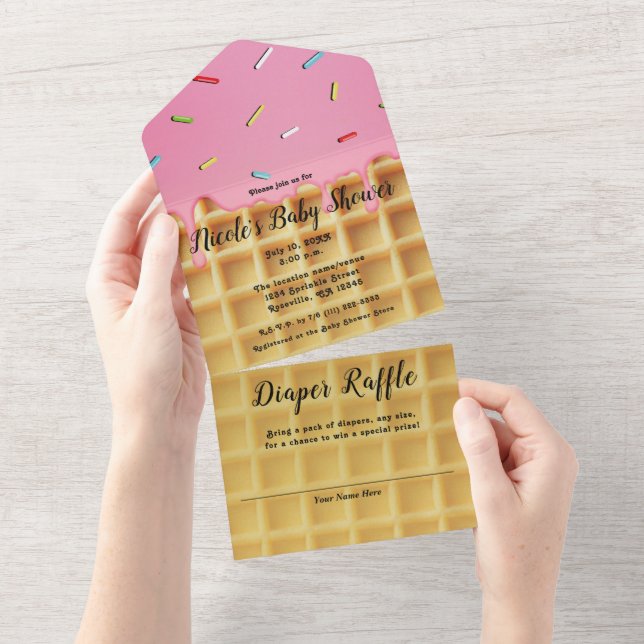 Invitación Todo En Uno Cumpleaños de Cono de Waffle de Helado de Fresa (desgarro)