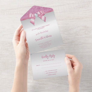 Invitación Todo En Uno Cumpleaños de lazo de joya rosa femenina y brillo