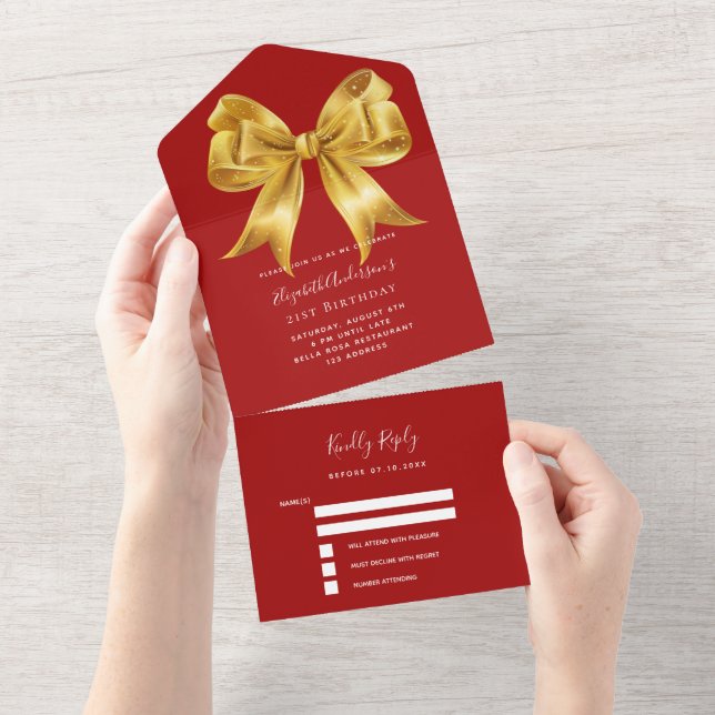 Invitación Todo En Uno Cumpleaños del arco iris dorado rojo (desgarro)