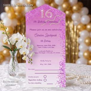 Invitación Todo En Uno Cumpleaños Dulces 16 con Caligrafía y Brillo Rosa