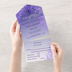 Invitación Todo En Uno Cumpleaños encantador de 1er año con brillo púrpur