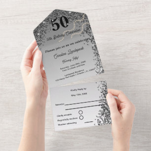 Invitación Todo En Uno Cumpleaños encantador de 50 años con brillo negro