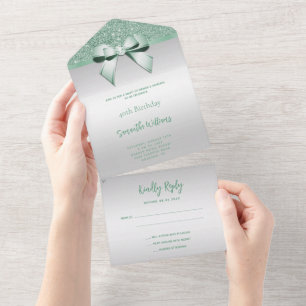 Invitación Todo En Uno Cumpleaños femenino con lazo de gemas de menta y b