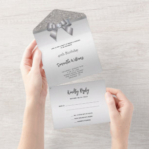 Invitación Todo En Uno Cumpleaños femenino con lazo de joya de plata y br