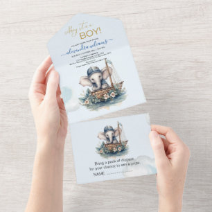 Invitación Todo En Uno Cuta acuarela Elefante tema náutico bebé showe