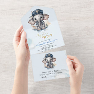 Invitación Todo En Uno Cuta acuarela Elefante tema náutico bebé showe