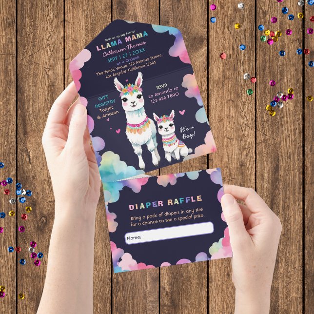 Invitación Todo En Uno Cuta acuarela llama a mamá Baby Shower mexicano (Subido por el creador)