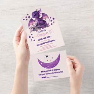 Invitación Todo En Uno Cuta acuarela Purple Dragon Baby Shower