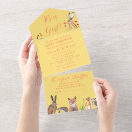 Invitación Todo En Uno Cute Baby Shower Fox Hare Es una Floral Chica