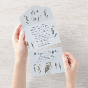 Invitación Todo En Uno Cute Bebé Búho Plumas Bohemio Acuarela