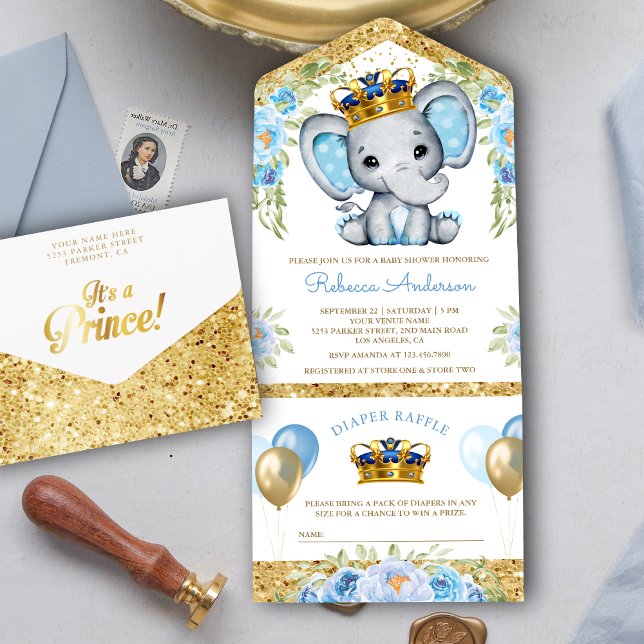 Invitación Todo En Uno Cute Blue Floral Prince Elephant Baby Shower (Subido por el creador)