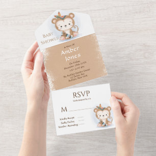 Invitación Todo En Uno Cute Boho Monkey Baby Shower