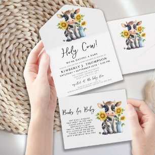 Invitación Todo En Uno Cute Cow Sunflowers Moderno Simple Farm Baby Showe
