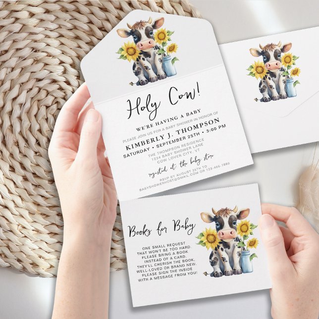 Invitación Todo En Uno Cute Cow Sunflowers Moderno Simple Farm Baby Showe (Subido por el creador)