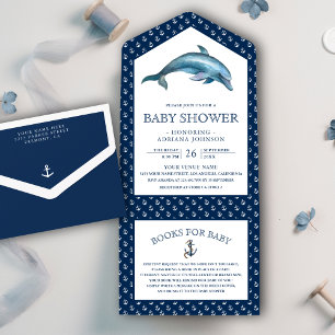 Invitación Todo En Uno Cute delfín Nautical Navy Baby Shower azul