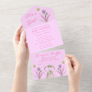 Invitación Todo En Uno Cute elefante de Baby Shower es un Chica rosa flor