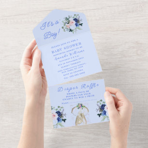 Invitación Todo En Uno Cute elefante de Baby Shower es un niño floral azu
