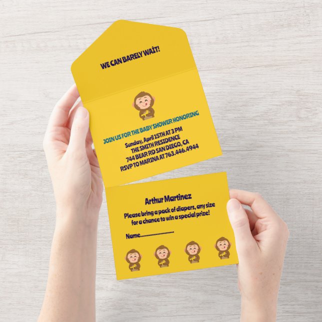 Invitación Todo En Uno Cute Monkey Theme Boy Baby Shower (desgarro)