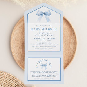 Invitación Todo En Uno Cute Pastel Azul Coquette Bow Baby Shower