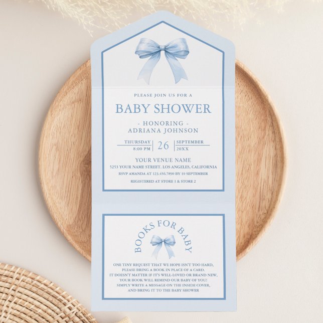 Invitación Todo En Uno Cute Pastel Azul Coquette Bow Baby Shower (Subido por el creador)