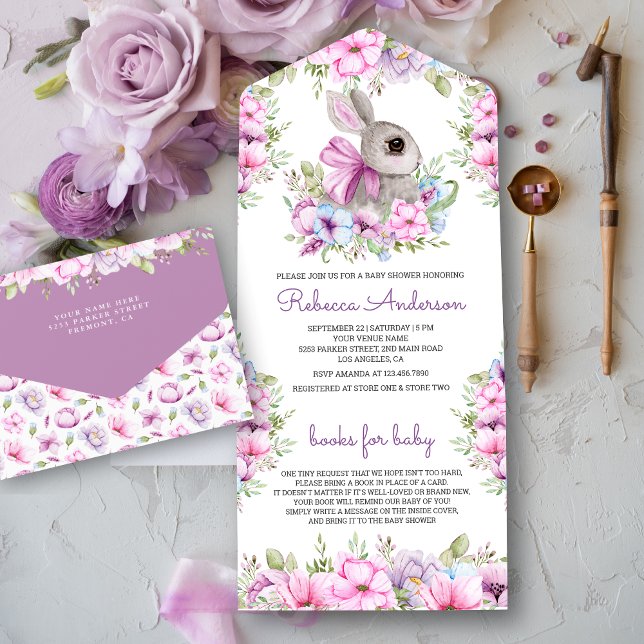 Invitación Todo En Uno Cute Pink Purple Floral Bunny Baby Shower (Subido por el creador)