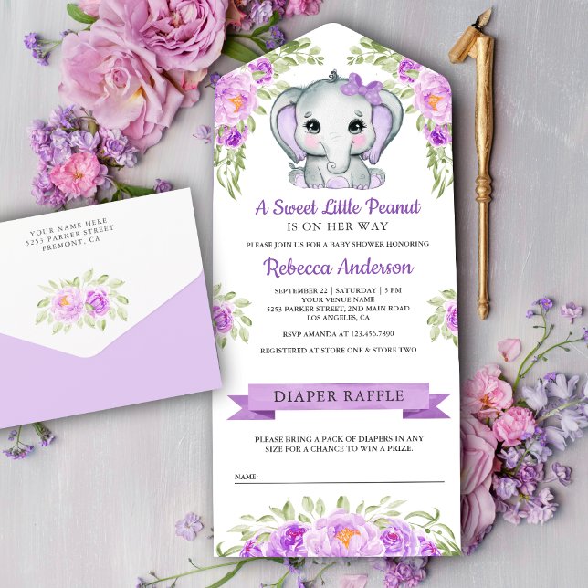 Invitación Todo En Uno Cute Purple Bow Floral Elephant Baby Shower (Subido por el creador)