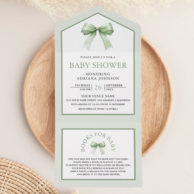 Invitación Todo En Uno Cute Sage Green Coquette Bow Baby Shower (Subido por el creador)