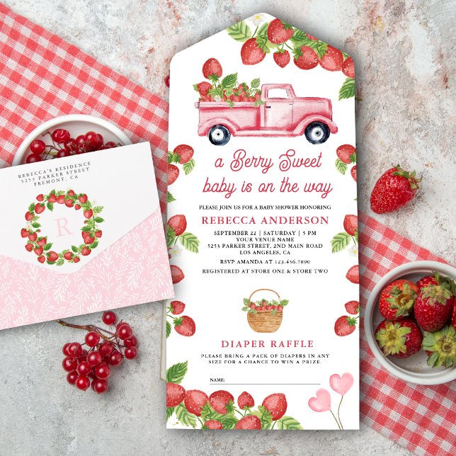 Invitación Todo En Uno Cute Strawberry Truck Berry Sweet Baby Shower (Subido por el creador)