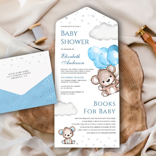 Invitación Todo En Uno Cute Teddy Bear Blue Balloons Baby Shower (Subido por el creador)